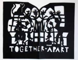 Gækkebrev anno 2020, klippet I sort papir med teksten Together apart