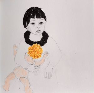 Tegning af grønlandsk pige med dansk dukke, inspireret af bogen Tabita, skrevet af Iben Mondrup
