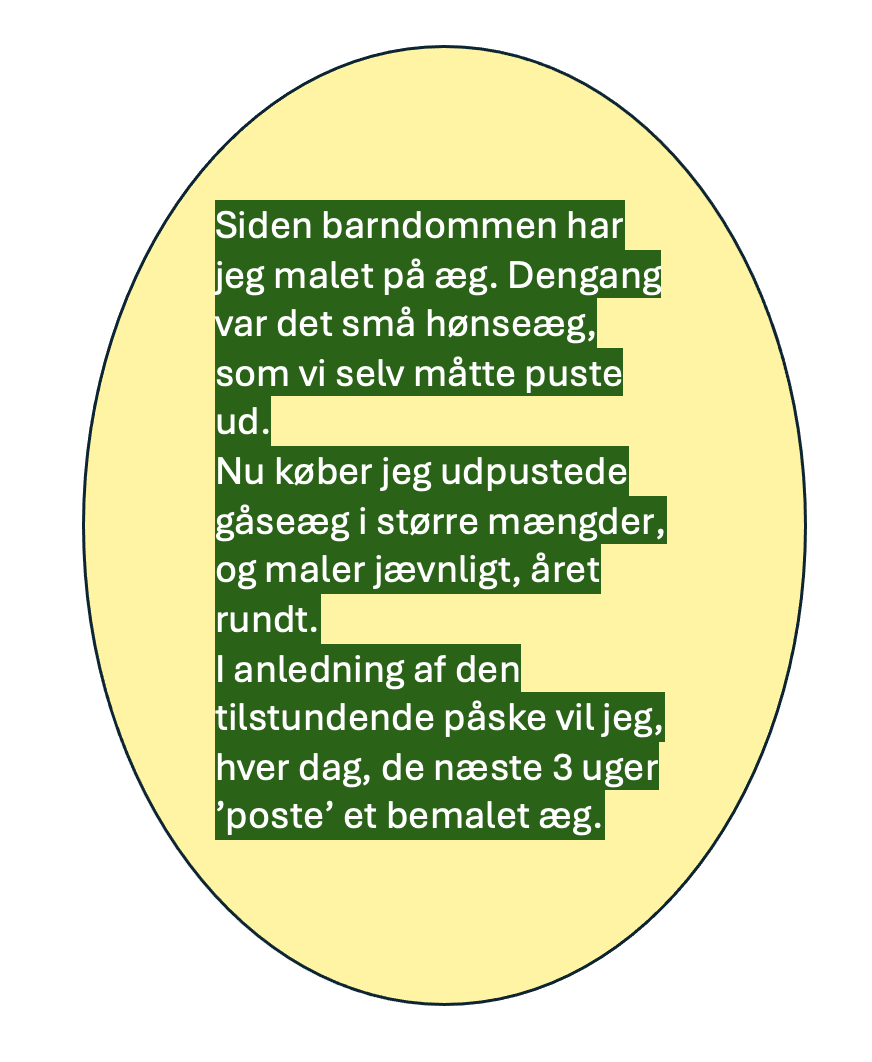 Tegnet æg med gul baggrund og tekst i midten på grøn baggrund